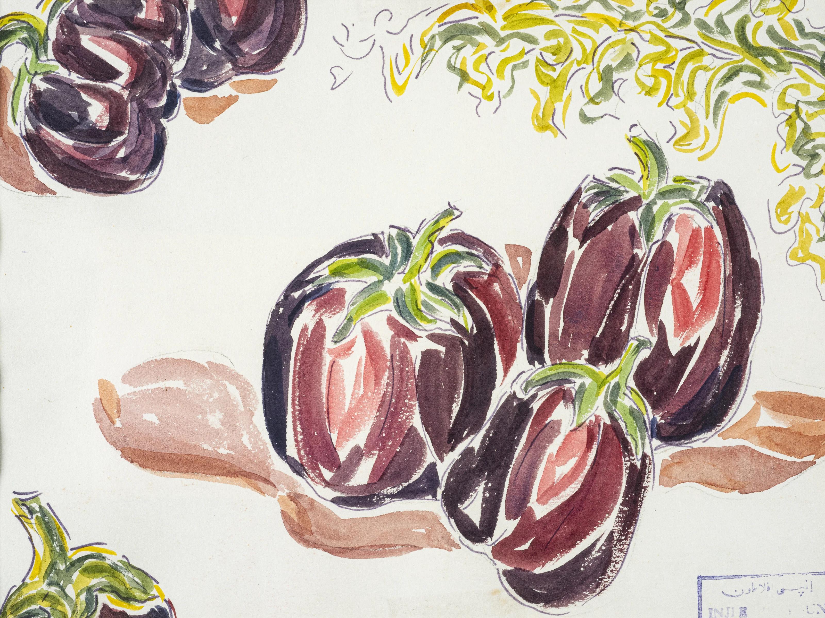 Inji EFFLATOUN Figurative Art - "Aubergines III" Still Life Watercolor Painting 8" x 12" inch by Inji Efflatoun