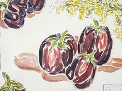 "Aubergines III" Still Life Watercolor Painting 8" x 12" inch by Inji Efflatoun