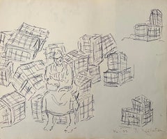 "Villager on Crates" Pencil Drawing 14" x 16.5" in (1977) by Inji Efflatoun