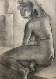 "Nu Assis" Nude Charcoal on Paper 24" x 17" inch (1957) by Salah Abdel Kerim