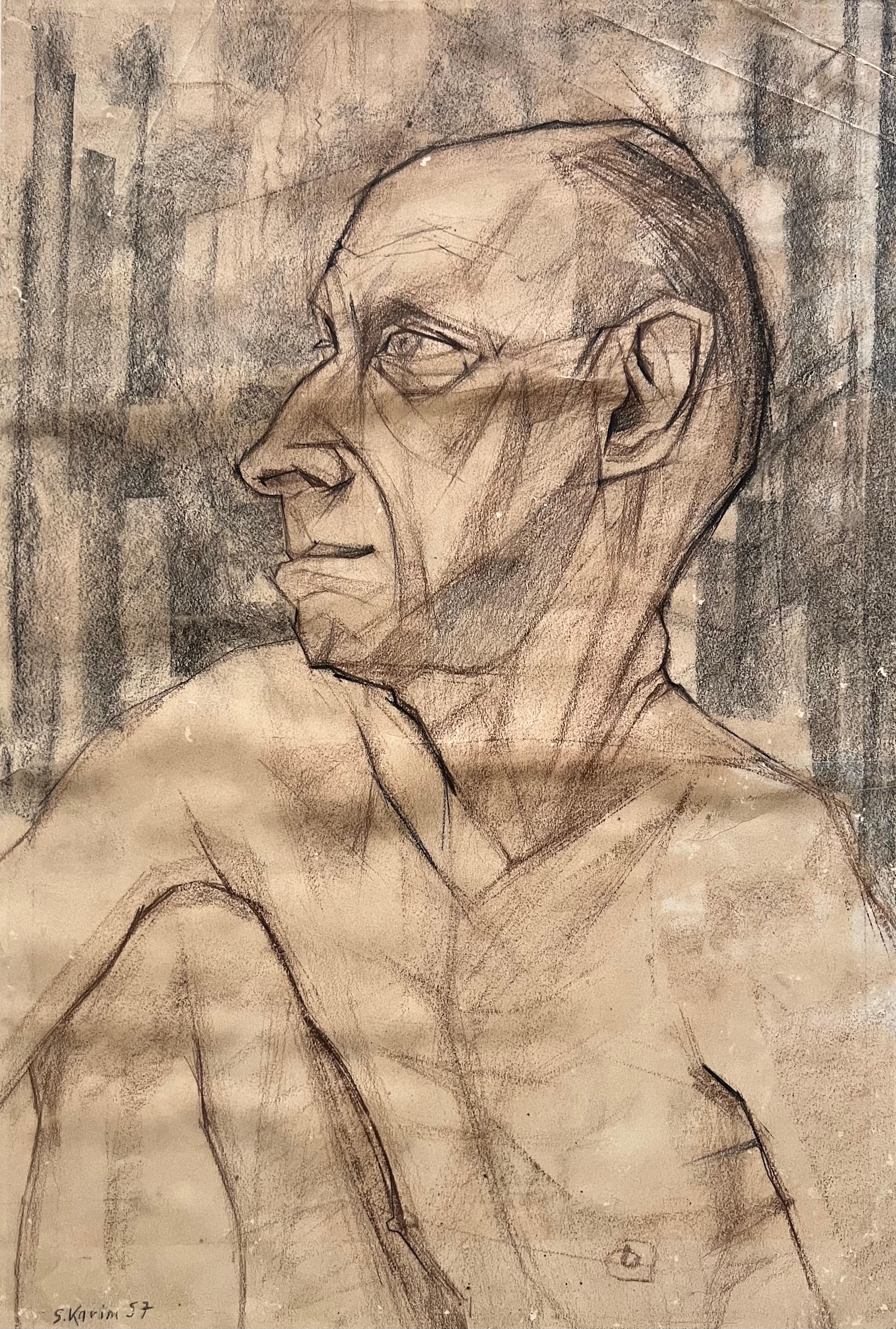 "Profile of Man" (FRAMED) Drawing 25" x 17" inch (1957) by Salah Abdel Kerim