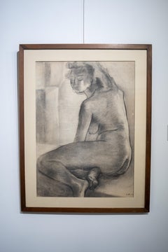 "Nu Assis" Nude Charcoal on Paper 24" x 17" inch (1957) by Salah Abdel Kerim