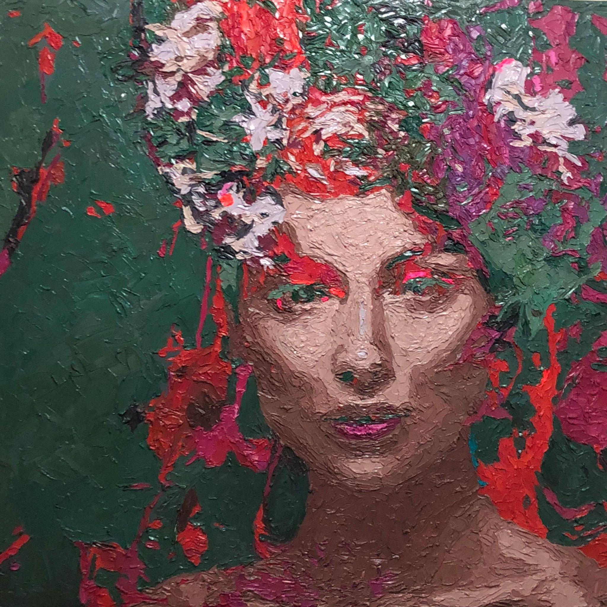 "A Floral Face"  (2018) by Hossam Dirar 
39” x 39”

ABOUT THE ARTIST
Hossam Dirar is an Egyptian contemporary artist based in Barcelona, Spain. 
He works with painting, video, sound, and installation art, to delve into questions of cultural