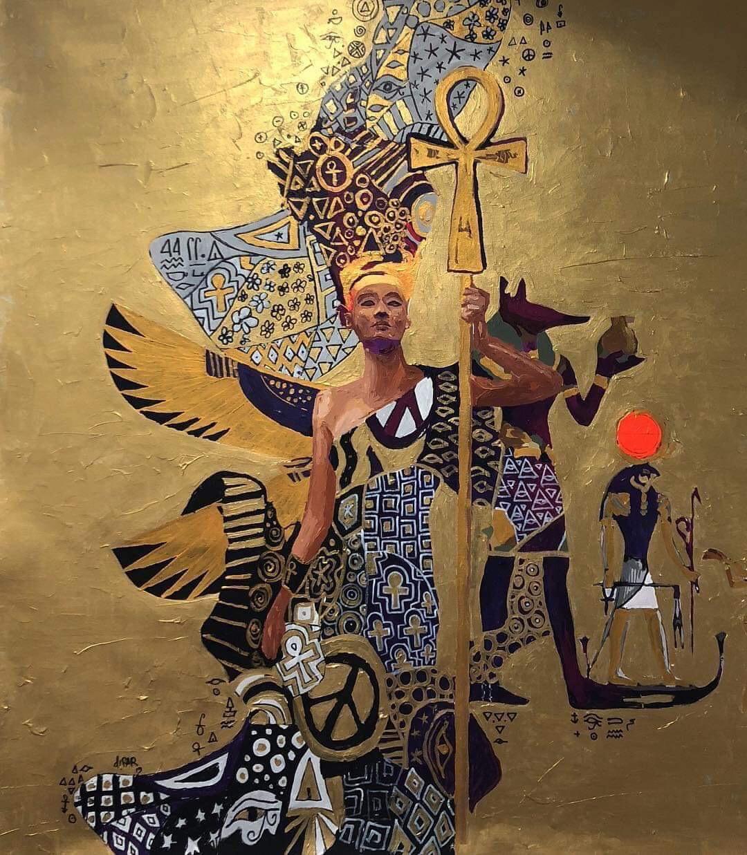 „Die goldene Welt“ 
Aus der Nefertiti-Serie „The Golden Queen“:: 2019 
51 x 43 Zoll 
130 x 109 cm 

* NEFERTITI &amp;amp;amp;amp; NEFERTITI 
Nefertiti ist eine große Einzelausstellung von einem der angesehensten figurativen Maler Ägyptens:: Hossam