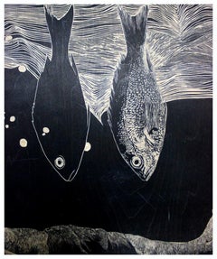 "Man with Fish II" Engraving on Woodcut 25"x33"in. by Ahmed Saber