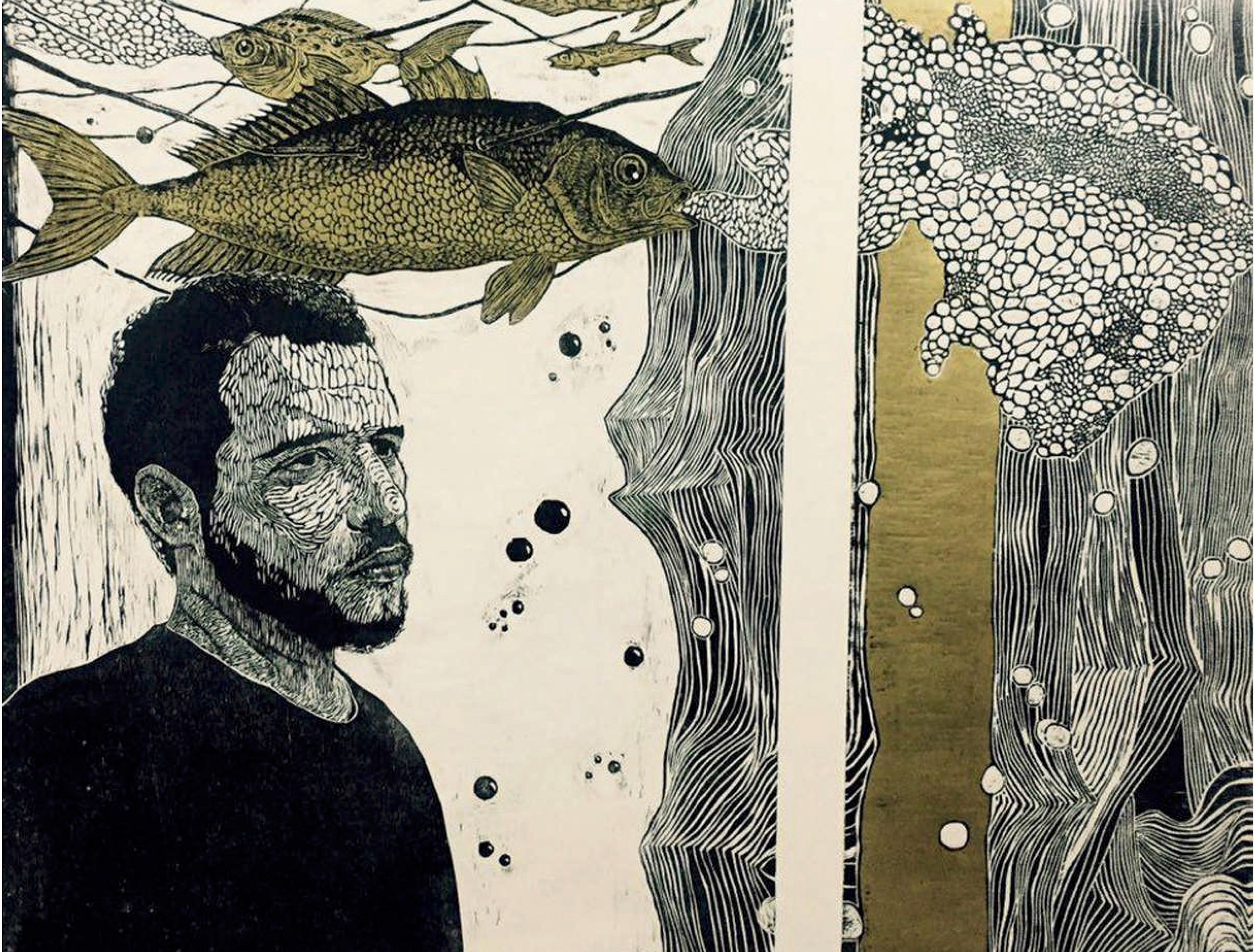 ""Man with Fish"" Diptychon-Stickerei auf Holzschnitt 32 Zoll x 38 Zoll von Ahmed Saber