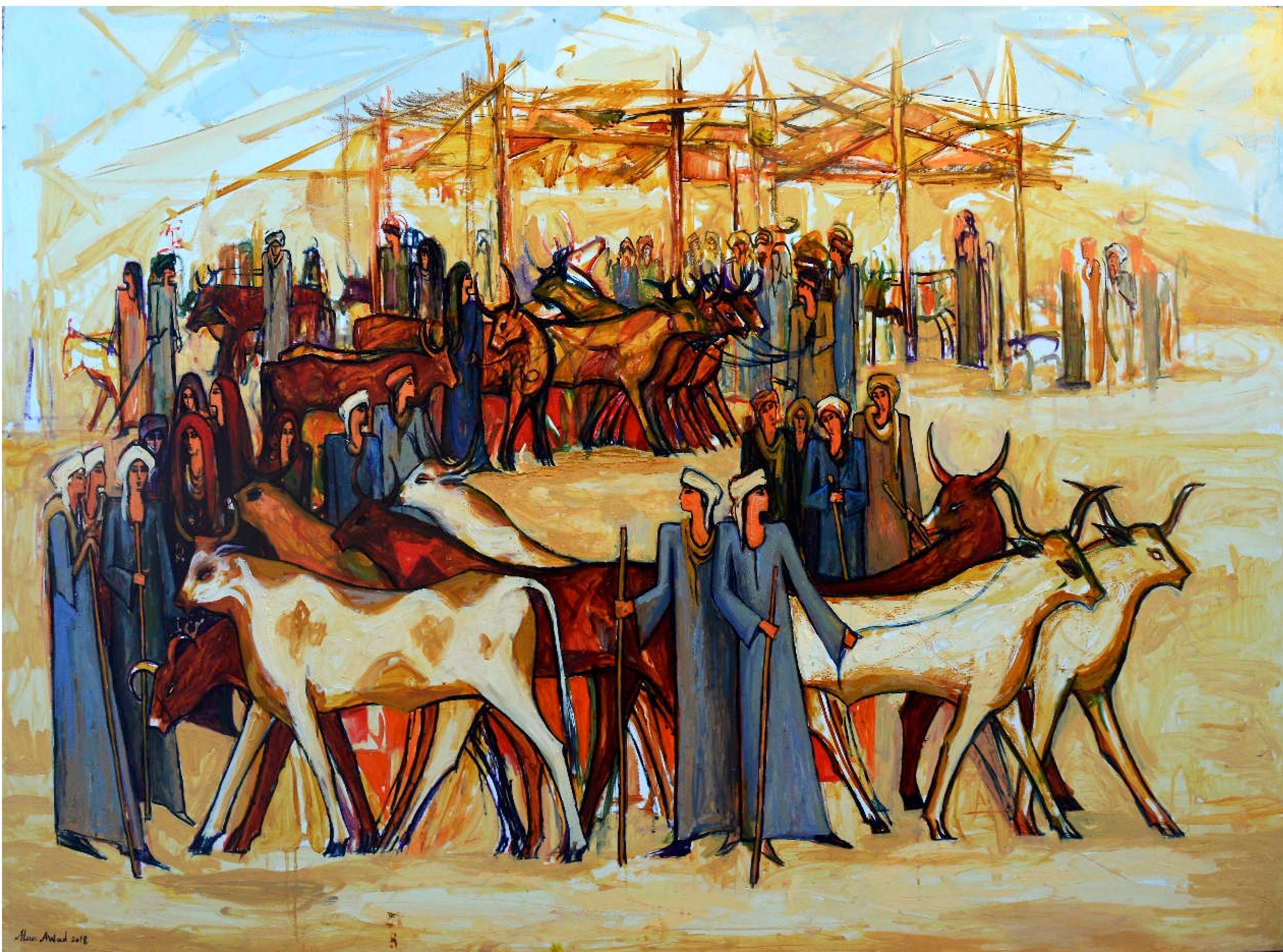 "Cattle Market 1" Acrylic painting 55"x77"inch by Alaa Awad 

Alaa Awad is an Egyptian artist and muralist based in Luxor, Egypt.

Awad is an Egyptian artist and is also known for his public murals in Cairo and Luxor, Egypt. He is well known for his