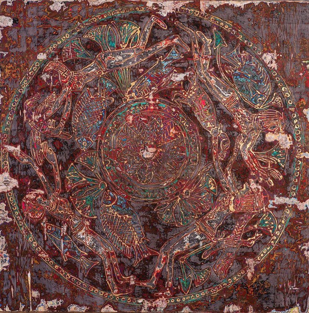 "The Circle of Life " Painting on canvas & wood 60"x60" inch by Ibrahim Khatab

Ibrahim Khatab was born in Cairo 1984, works as a co-teacher in Cairo University, he mixes between painting, video art and installation in his artworks. He started since