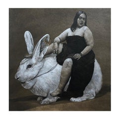"Woman & Rabbit" Figurative Charcoal Painting 20" x 20" inch by Ahmed Saber