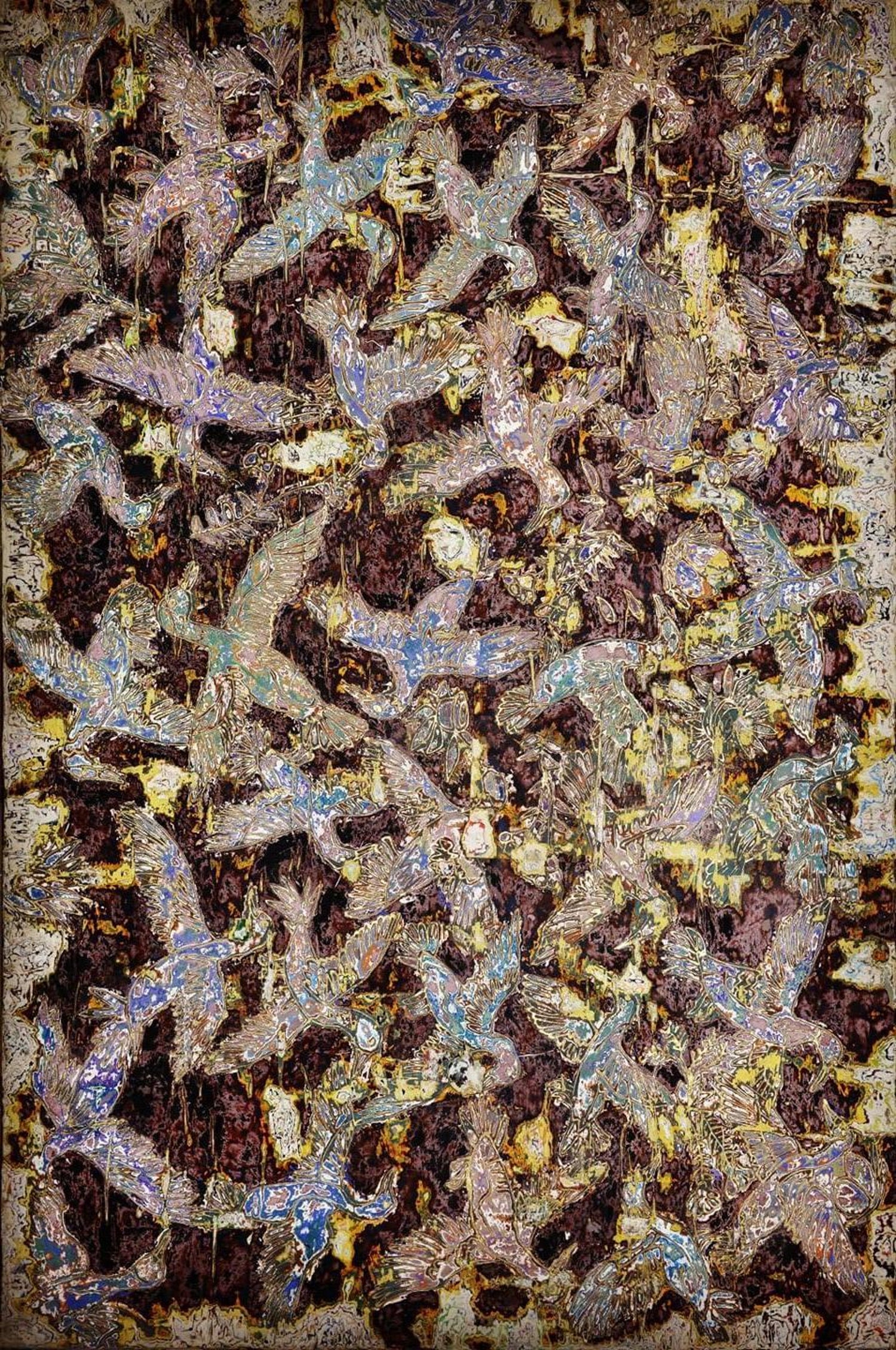 Ibrahim Khatab - "Brown Birds" Painting on canvas and wood 59" x 87" inch  by Ibrahim Khatab For Sale at 1stDibs