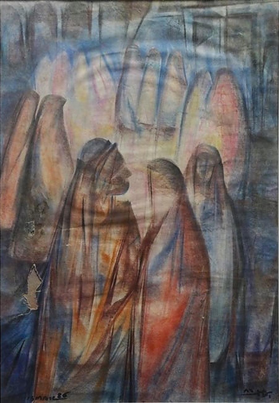 "Worshippers" Oil on Wood Painting 23" x 16" inch by Mohammed Ismail 