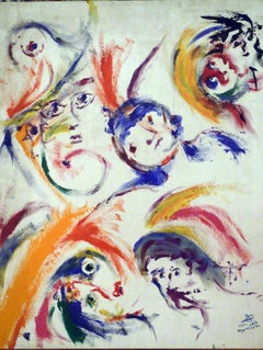 Vintage "Faces I" Oil on Carton Abstract Painting 28" x 22" inch by Youssef Sida
