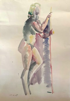 « Bathing Nude III », peinture à l'aquarelle 24" x 17" pouces (1959) de Kawkab Youssef