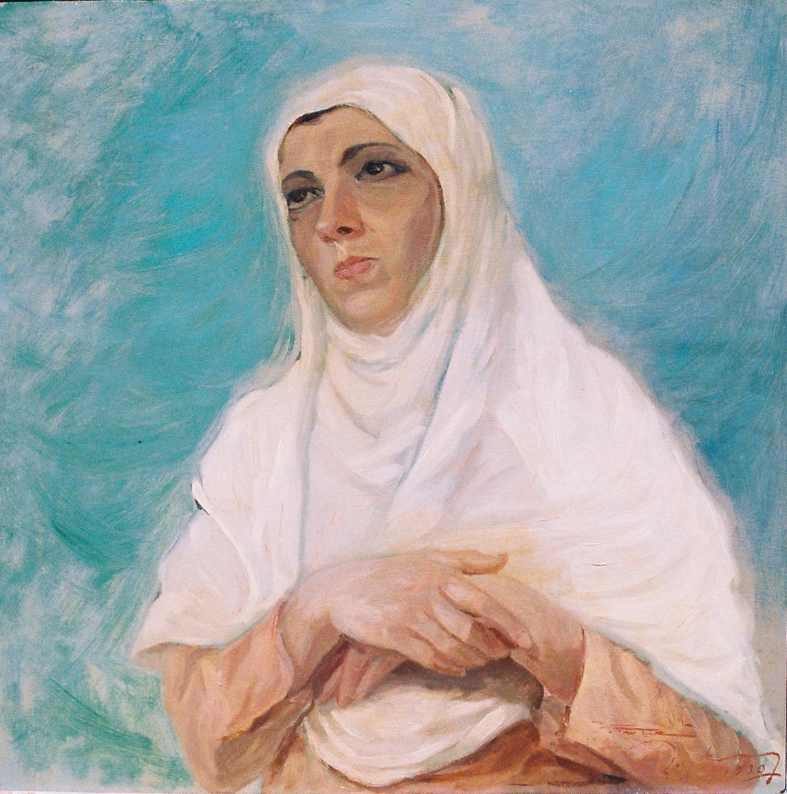 Shaaban Zaki  Portrait Painting – „Künstlerin Tante“, Porträt, Ölgemälde 20" x 19" Zoll (1930) von Shaaban Zaki