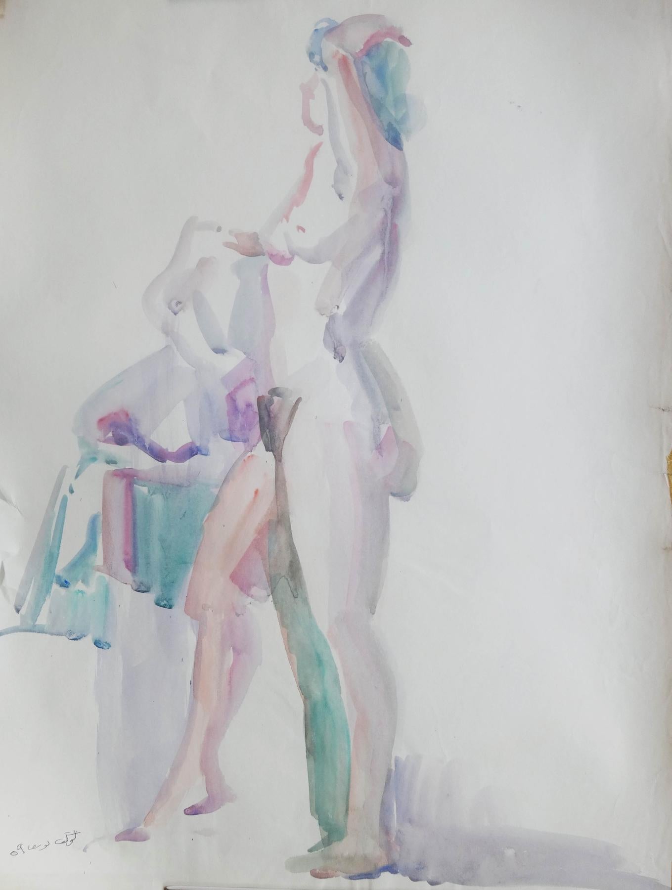 „Bathing Nude I“ Aquarellgemälde 24" x 17" Zoll (1959) von Kawkab Youssef 