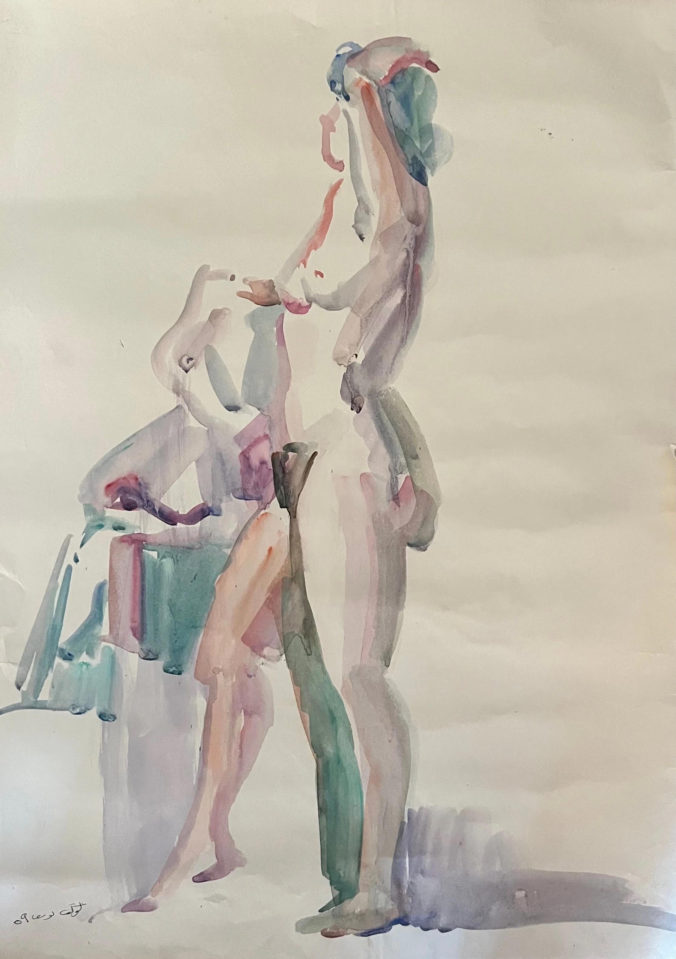 "Nudo al bagno I" Acquerello 24" x 17" pollici (1959) di Kawkab Youssef