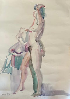 "Bathing Nude I" Peinture à l'aquarelle 24" x 17" inch (1959) par Kawkab Youssef