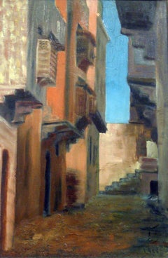 "Alleyway in Old Cairo" peinture à l'huile 19" x 12" pouces (1924) de Shaaban Zaki