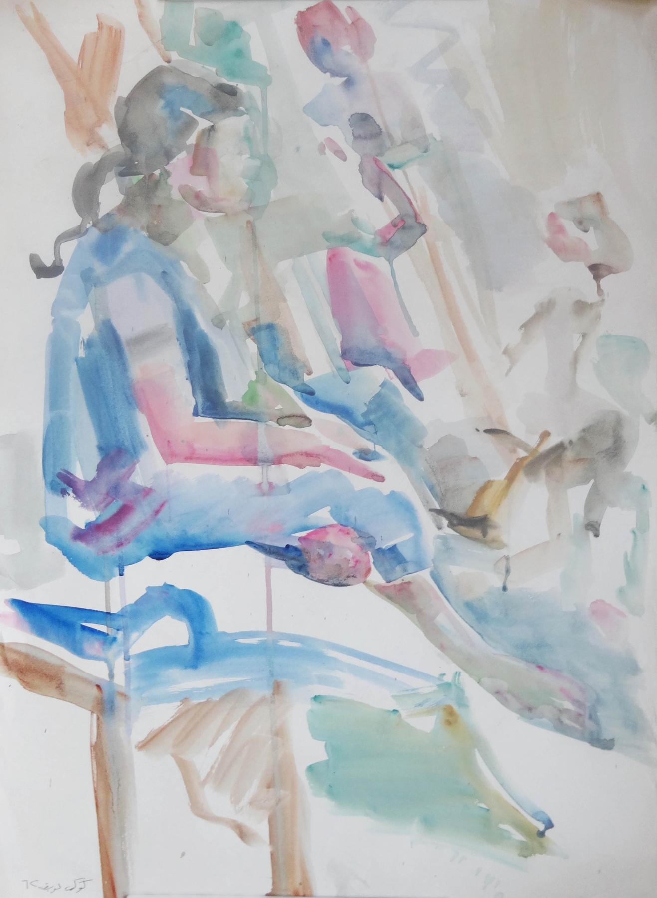 « The Gathering », peinture à l'aquarelle 24" x 17" pouces (1962) de Kawkab Youssef 