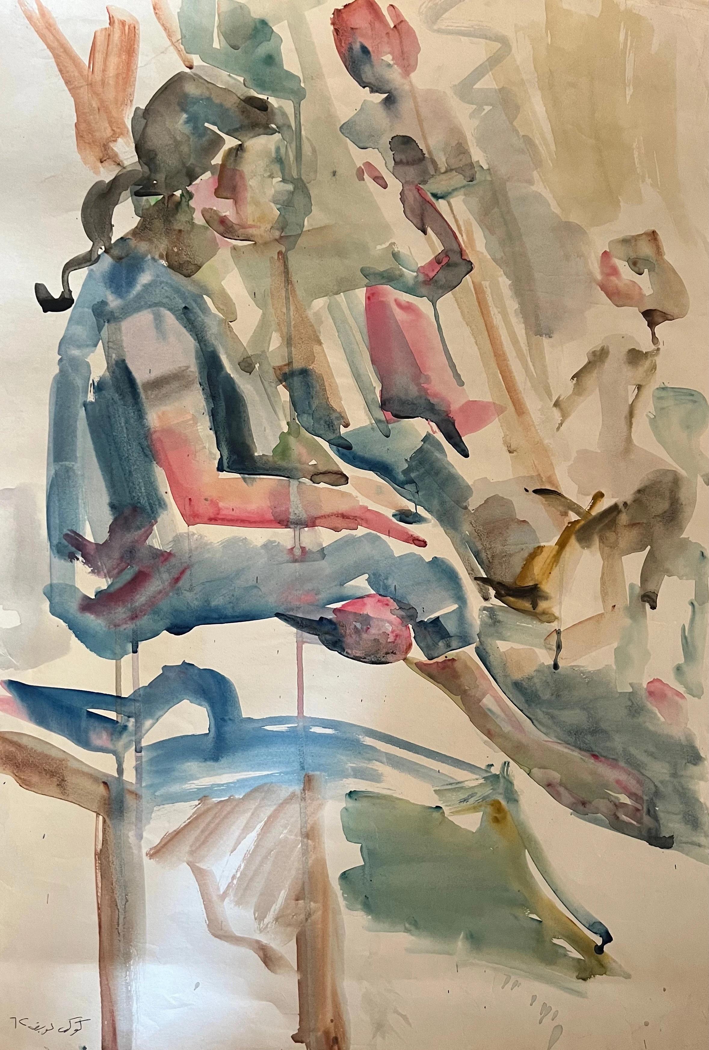 "Seated Woman" Watercolor Painting 24" x 17" inch (1962) by Kawkab Youssef