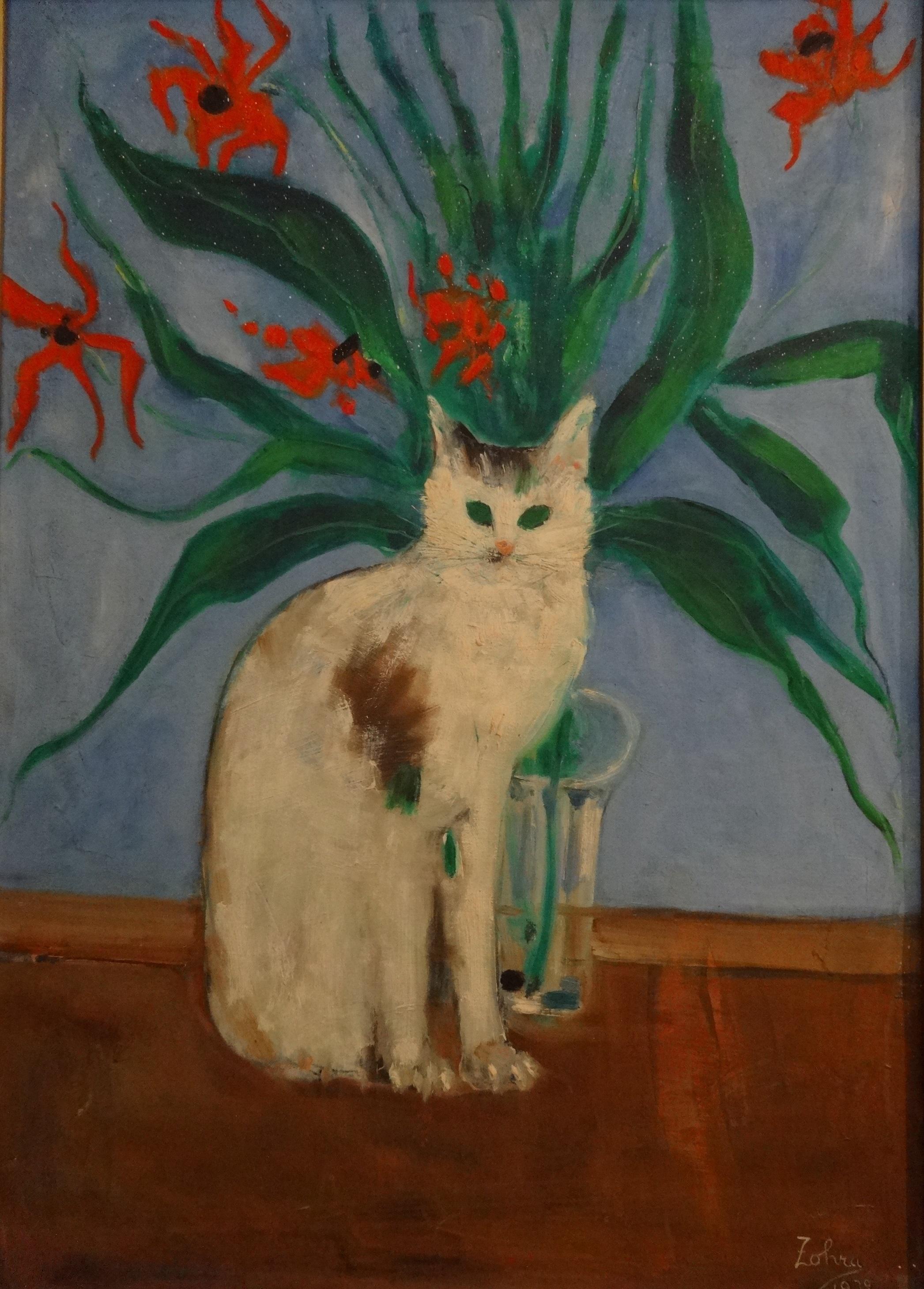 "Cat" Oil Painting 28" x 20" inch by Zohra Efflatoun

Zohra Efflatoun came from an artistic family. Her half-sister Inji was a renowned painter from Cairo. Whereas Zohra, who lived in Alexandria, studied under the patronage of the Alexandrian