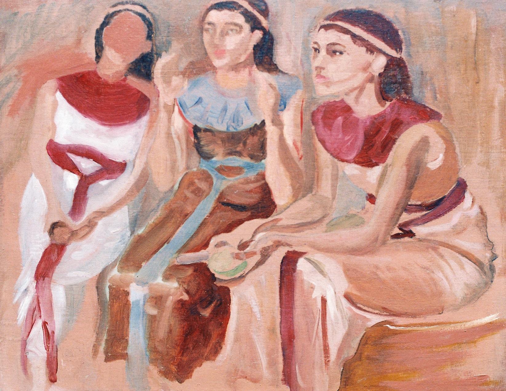 Shaaban Zaki  Portrait Painting – „Pharaoh Group“ Ölgemälde 13" x 17" Zoll (1955) von Shaaban Zaki