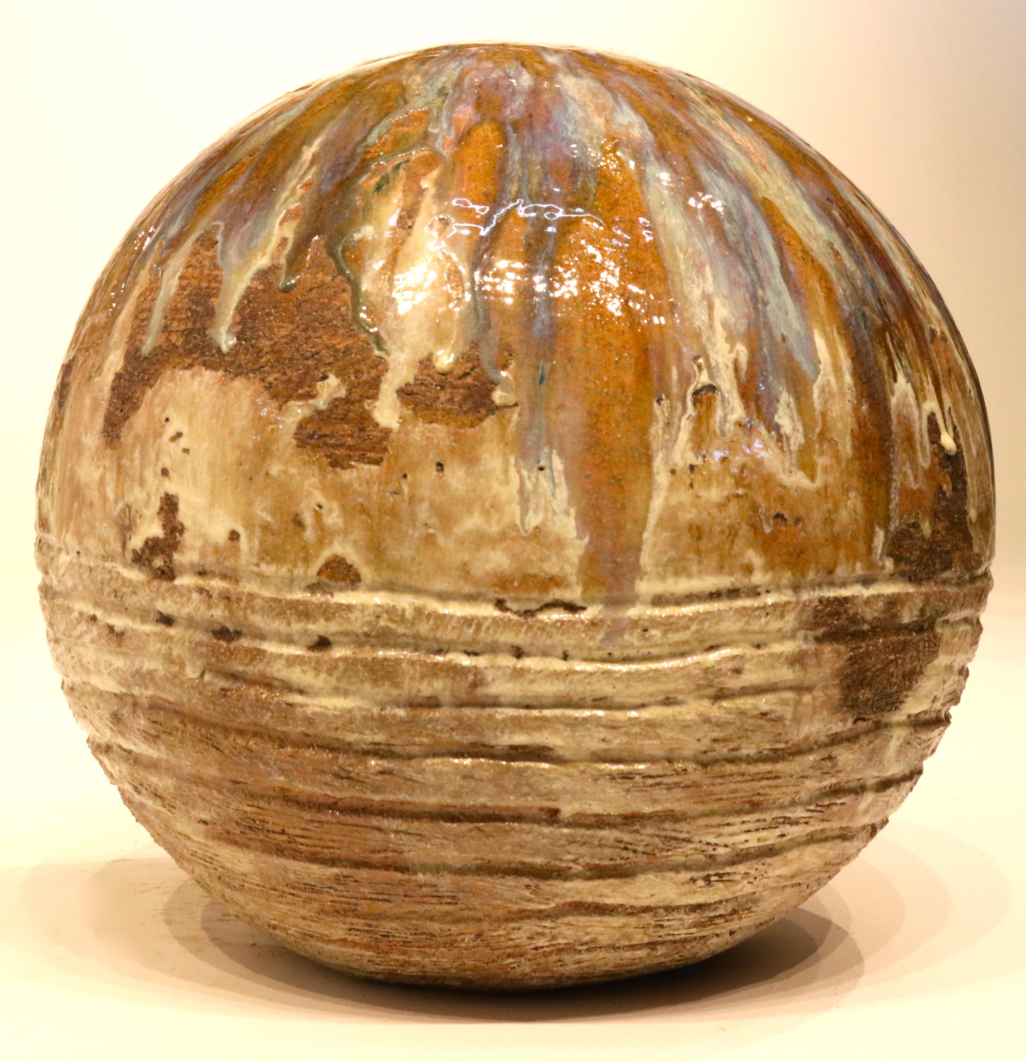 Large Ceramic Orb Sculpture - Modern Abstract Pottery Art - Ash and Color Glazes - Brown Abstract Sculpture by Mark Wade