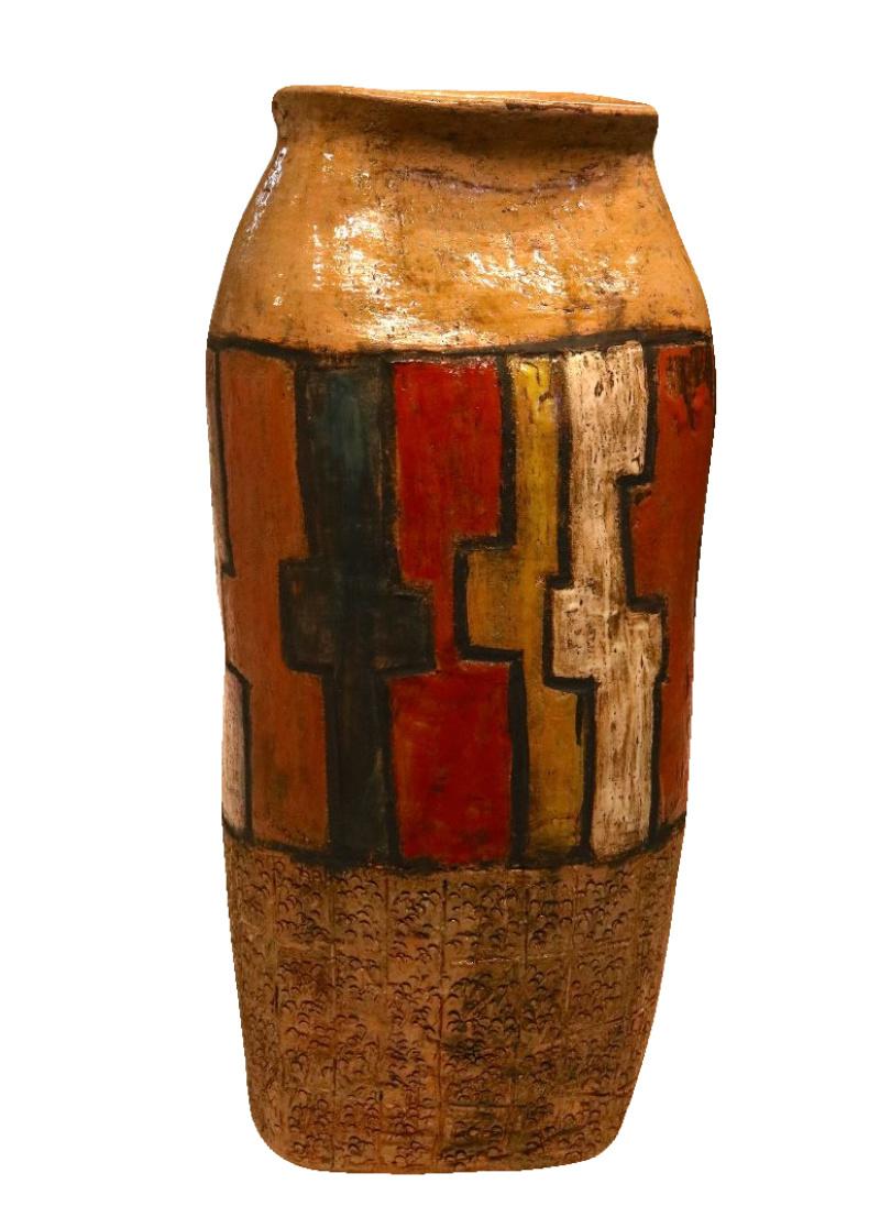 Mark Wade Abstract Sculpture - Abstract Primitive Pottery -  Large Ceramic Pot Sculpture - Red Clay Ash Glazes