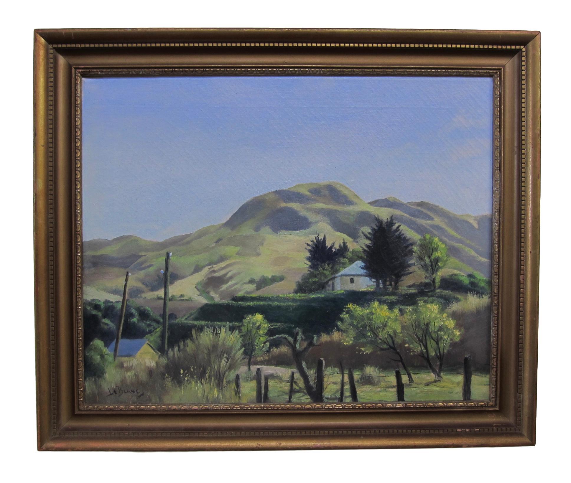 California landscape painting with warm and bright, sunlit hills by artist Lee LeBlanc.
About the artist:  Lee LeBlanc (1913-1988), was a California artist who worked in both southern and northern California, including working at Disney Studios,