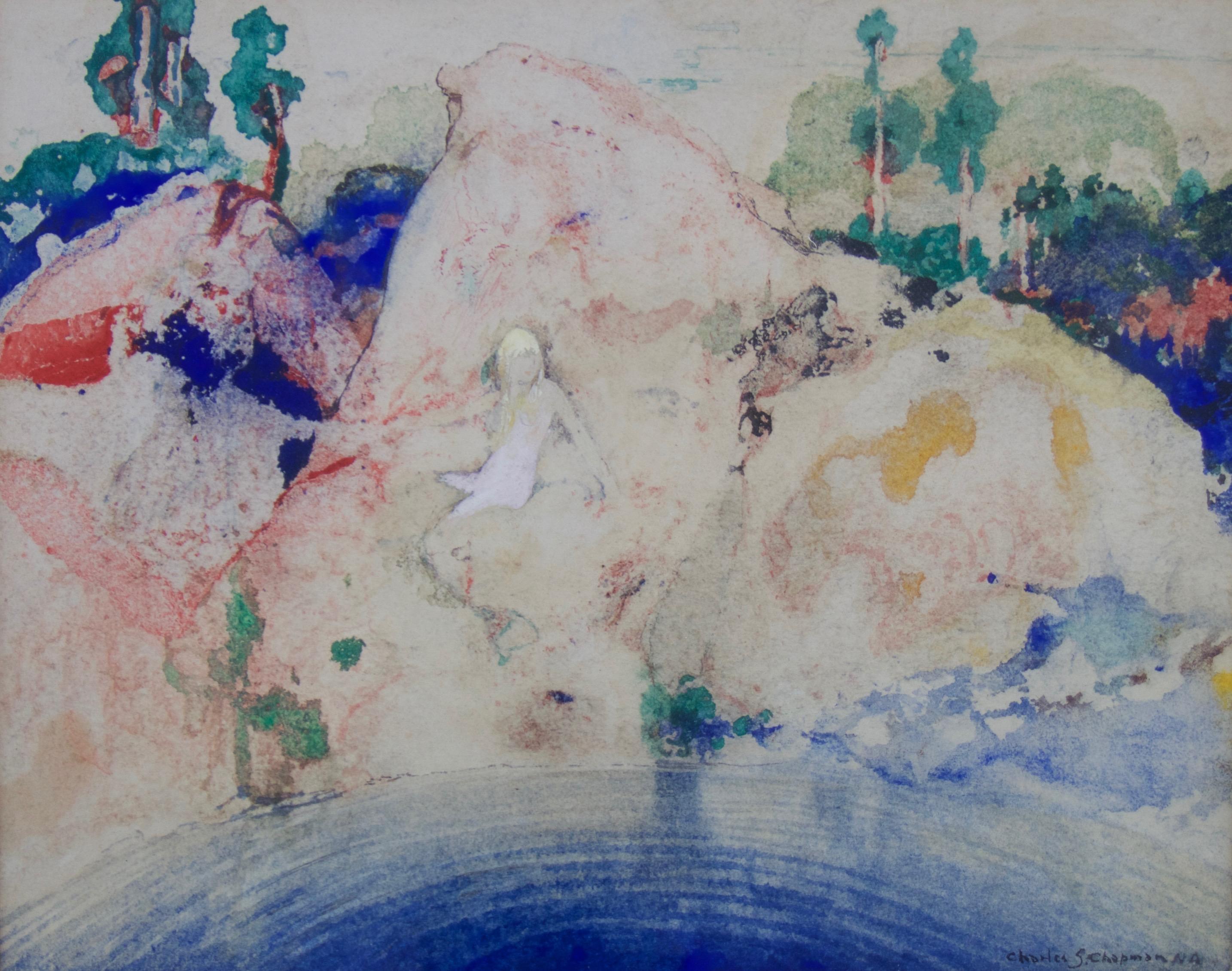 Early American abstract painting by New York artist Charles Chapman depicting a mermaid by a pool of water.   This modernist watercolor is housed in a good period frame and bears an exhibition label from Grand Central Modern Gallery in New York