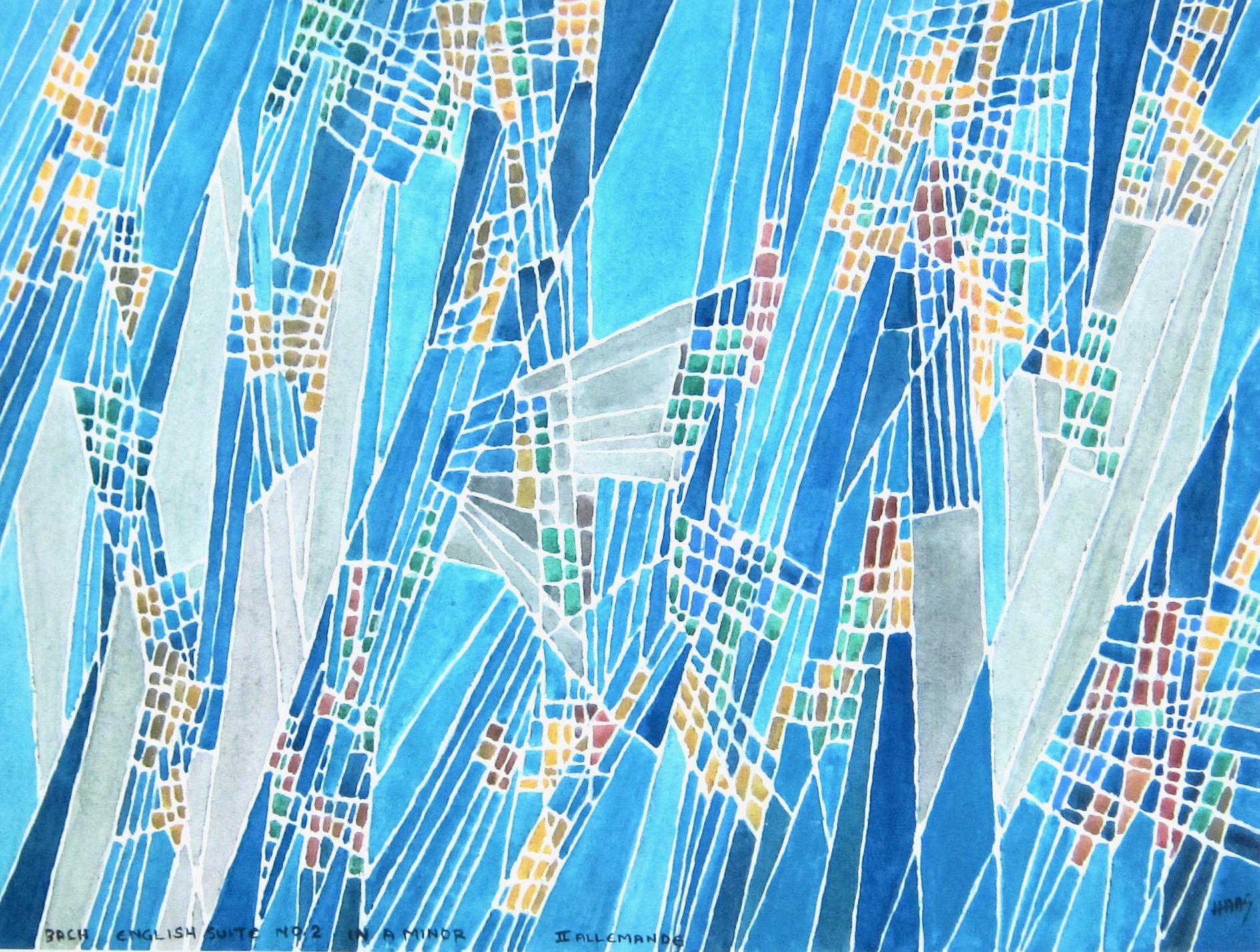 Non-objective abstract painting by San Francisco Bay Area artist Hildegarde Haas from her classical music series.
Title: 'Bach - English Suite No.2 in A Minor - II Allemande'
Medium: Watercolor on paper
Measurements:  11.75 inches x 15.75 inches