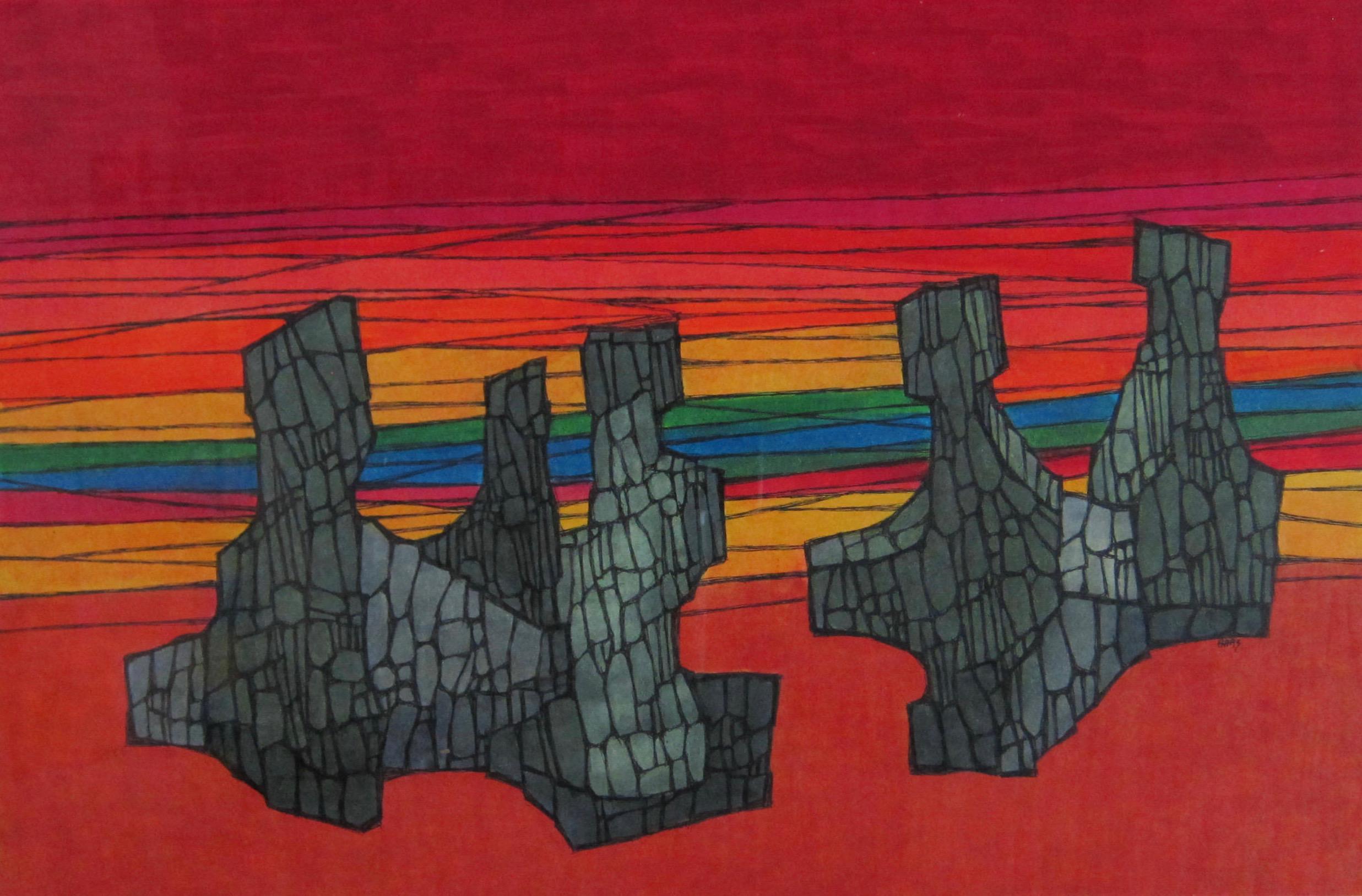 Colorful abstract painting by San Francisco Bay Area artist Hildegarde Haas depicting rock formations floating in a red and rainbow colored background. This work was not titled by the artist so interpretation is up to the viewer.  Haas loved to