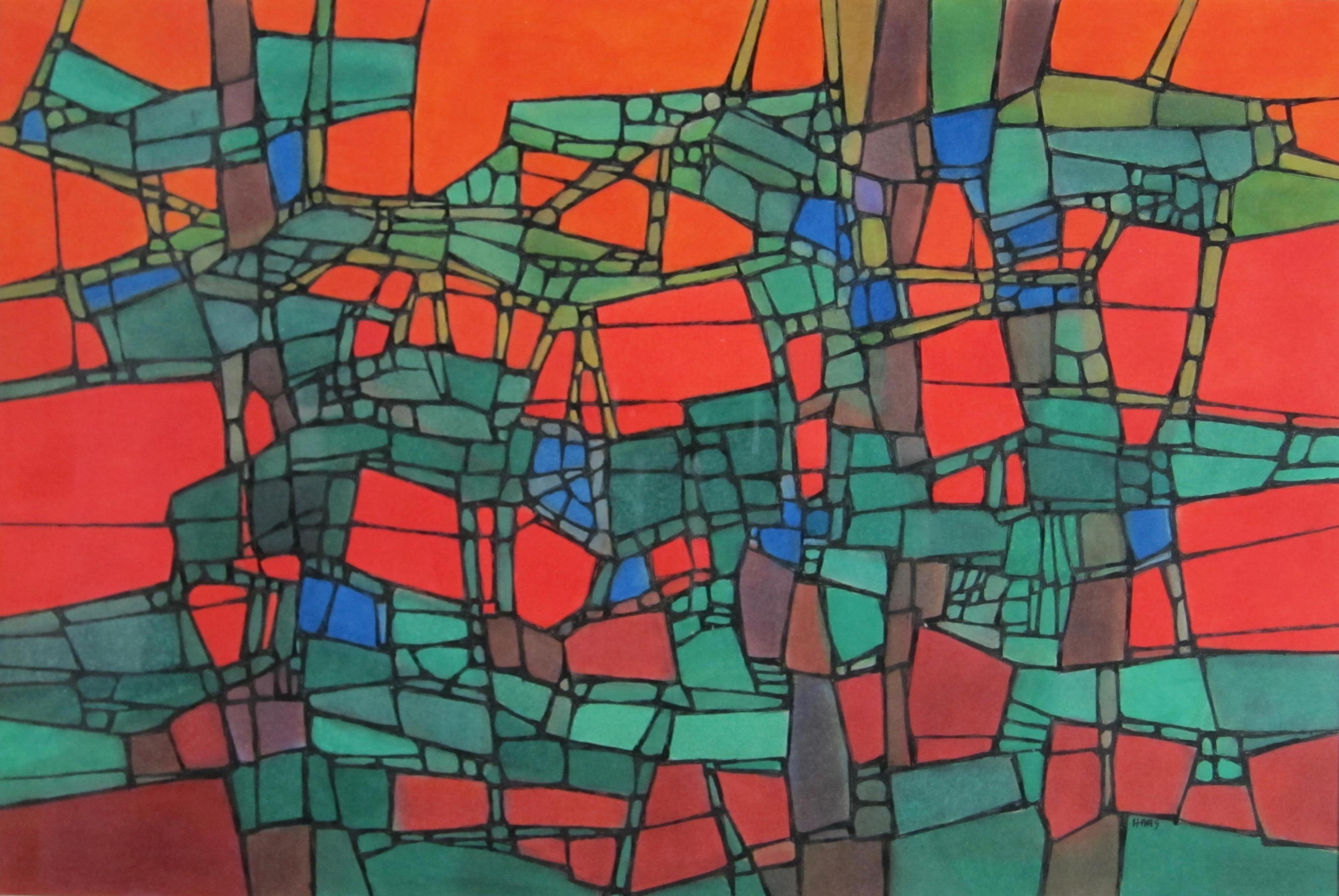 Bright and boldly colored abstract painting by San Francisco Bay Area artist Hildegarde Haas.  This work was not titled by the artist so interpretation is up to the viewer.  Haas loved to study and paint scenes from nature, but is also known for her