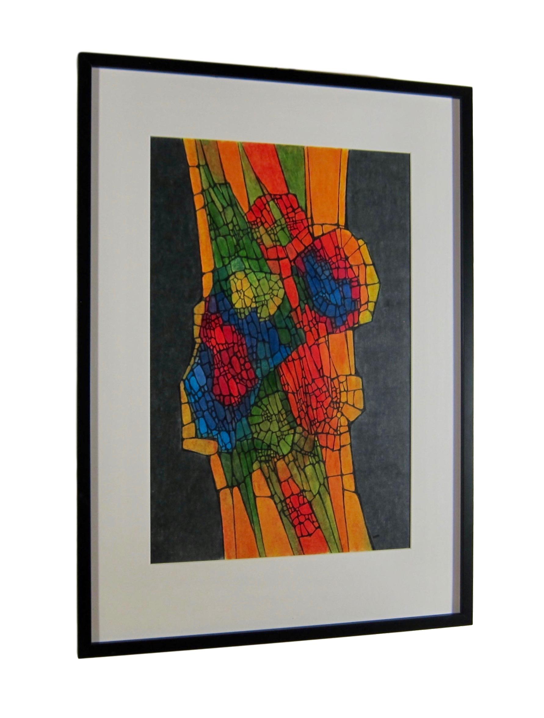 Colorful Mid Century Abstract Painting on Paper Board by Hildegarde Haas For Sale 3