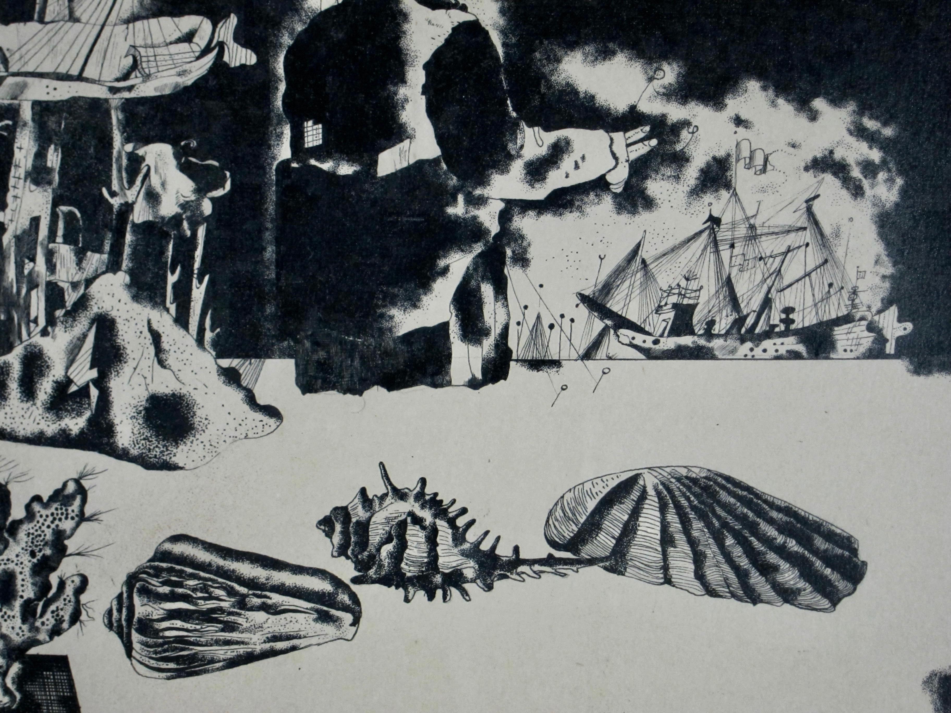 Mexican Modernist Ink Drawing Dated 1943 by Jose Garcia Narezo - Surrealist Art by José García Narezo