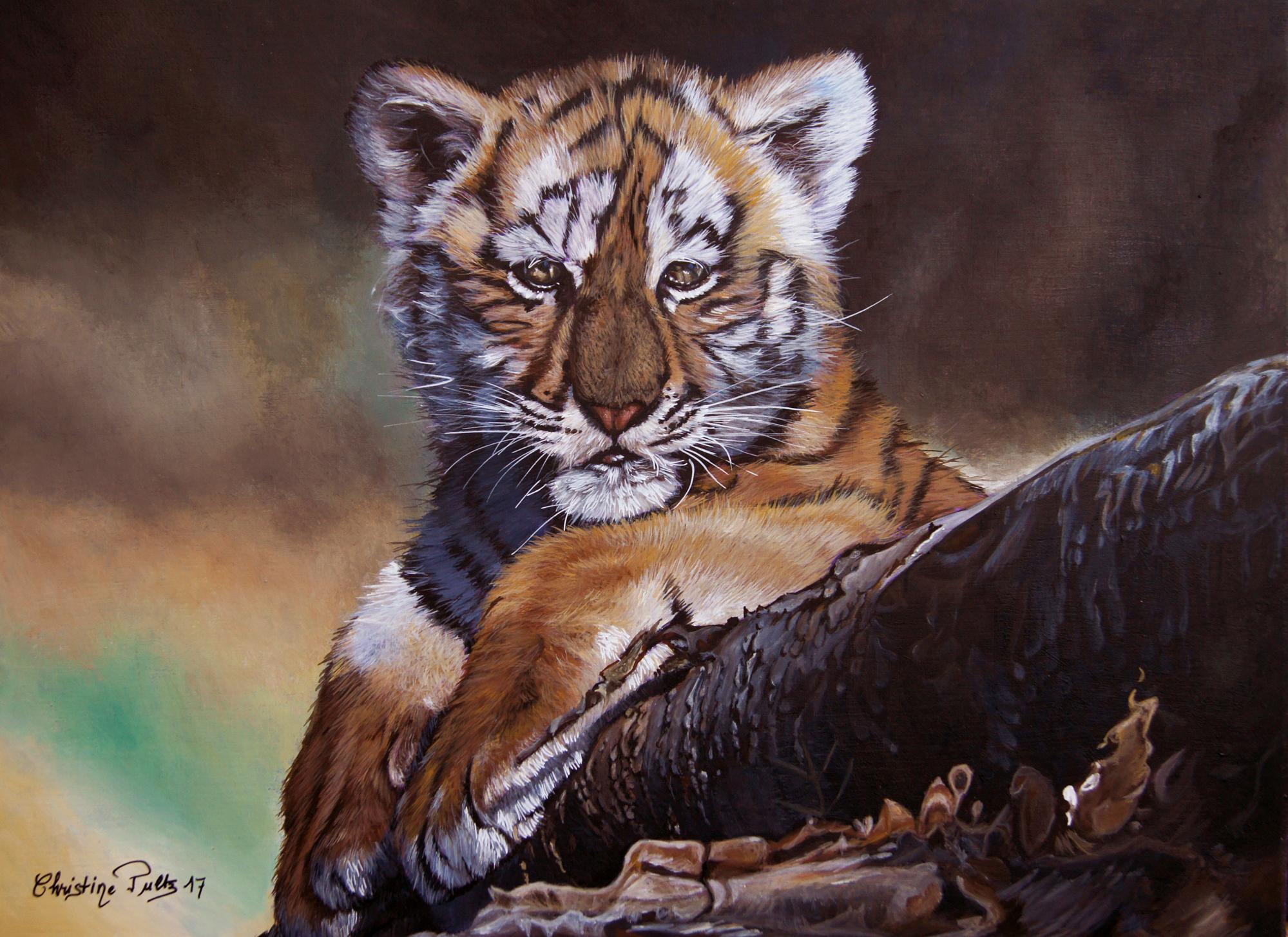 French Contemporary Animal Painting by Christine Pultz - The Baby Tiger