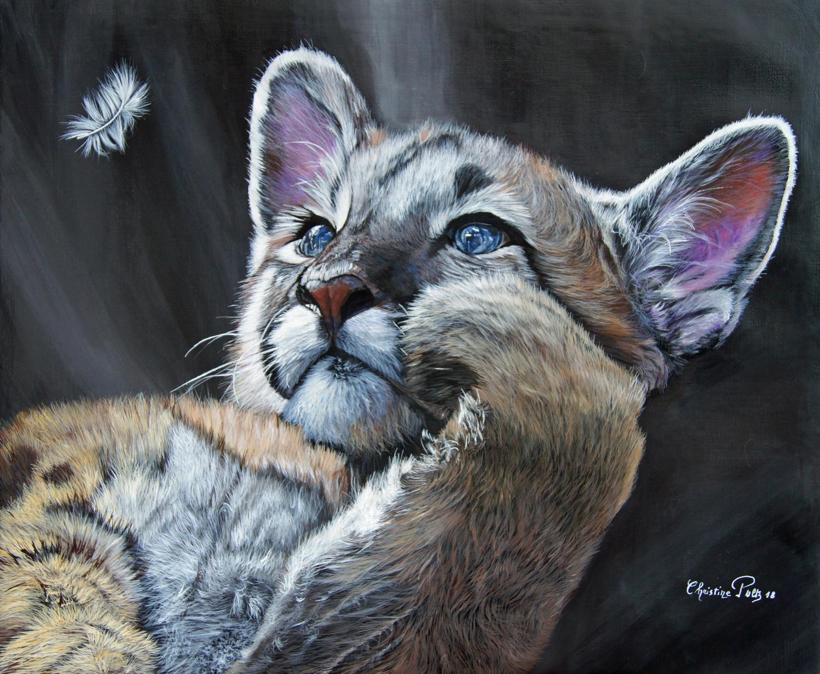 Christine Pultz Animal Painting - Jeune Puma à la Plume / Young Puma With A Feather