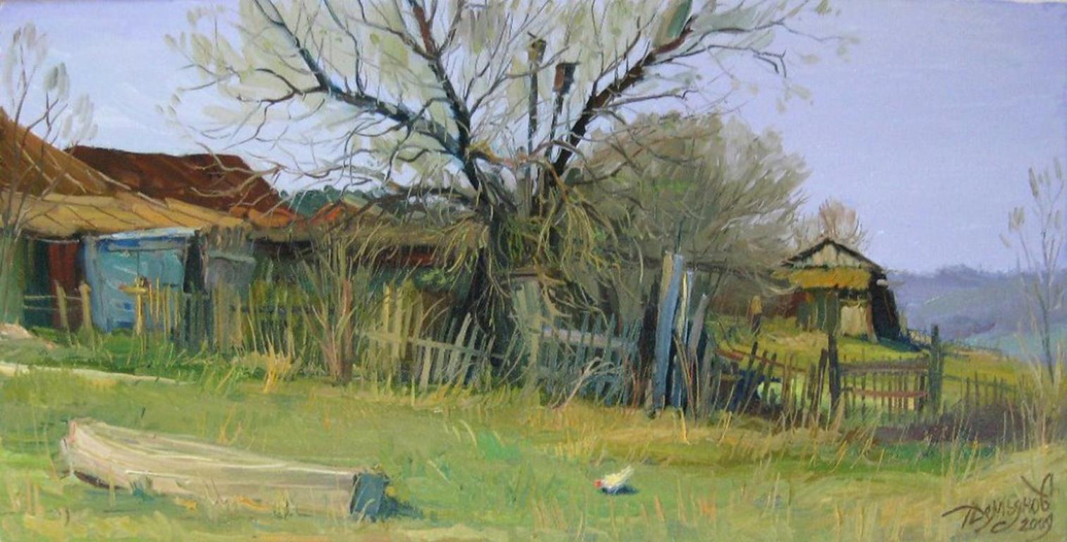 Landscape Painting de Yuriy Demiyanov - Arte contemporáneo ruso de Y. D. - Paisaje con casa para el estornino