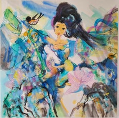 Arte contemporáneo chino de Li Qing-Yan - Apsaras voladoras cruzando montañas