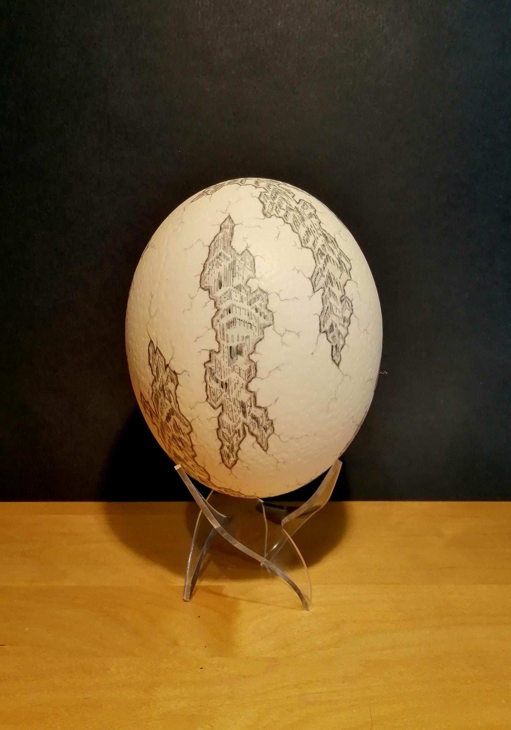 Ink and charcoal gold leaf on oestrich eggs

Marc Brousse is a French draftsman born in 1984 who lives and works in Brussels, Belgium. Cradled by the world of the arts and the world of architecture, Marc grew up participating in artistic workshops.