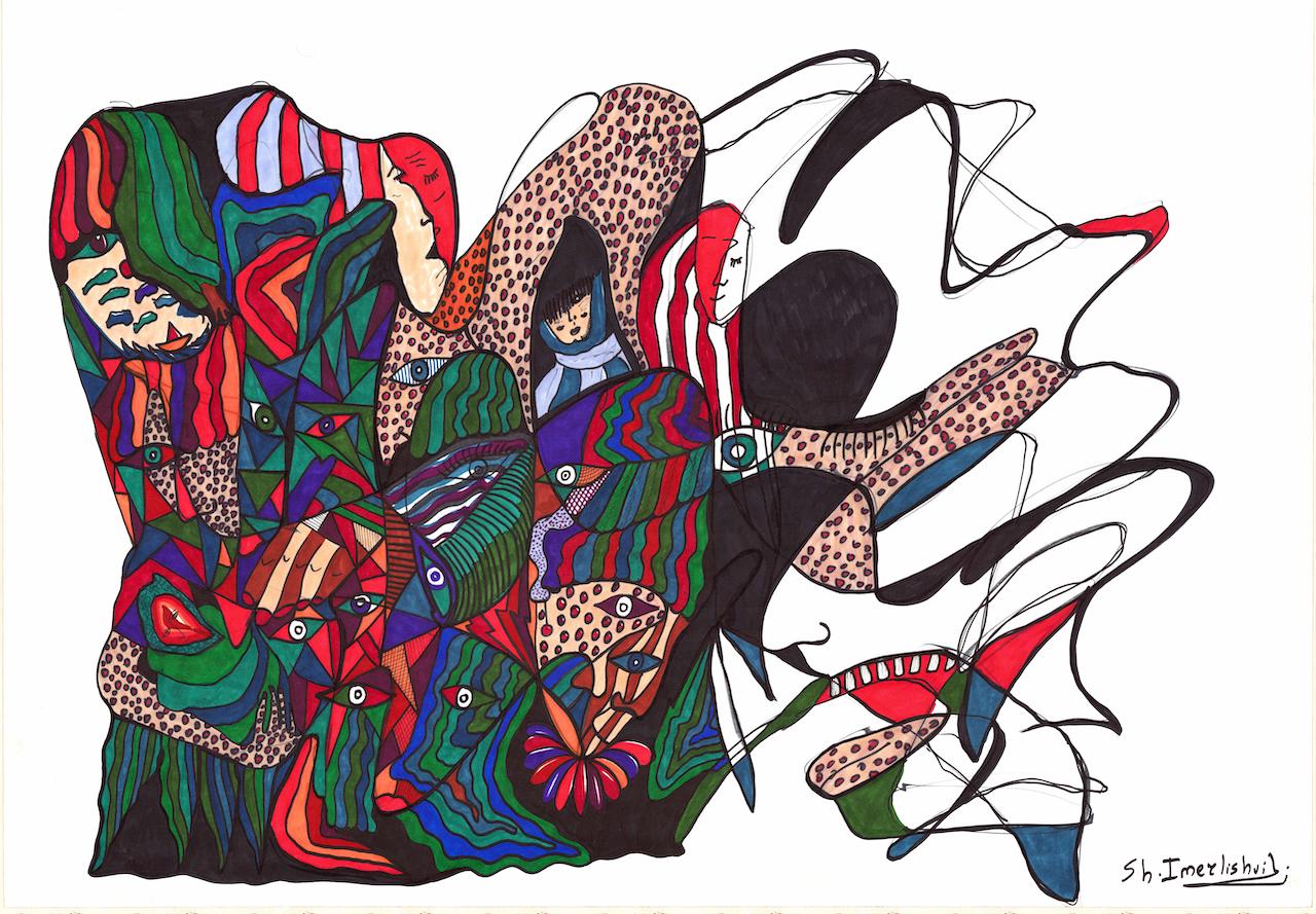 ink,water color markers,pen,pencil on paper.

Shota Imerlishvili is a Georgian artist born in 1991 who lives and works in Tbilisi, Georgia. He is graduated from the Georgian Technical University with a bachelor's degree in International Relations.