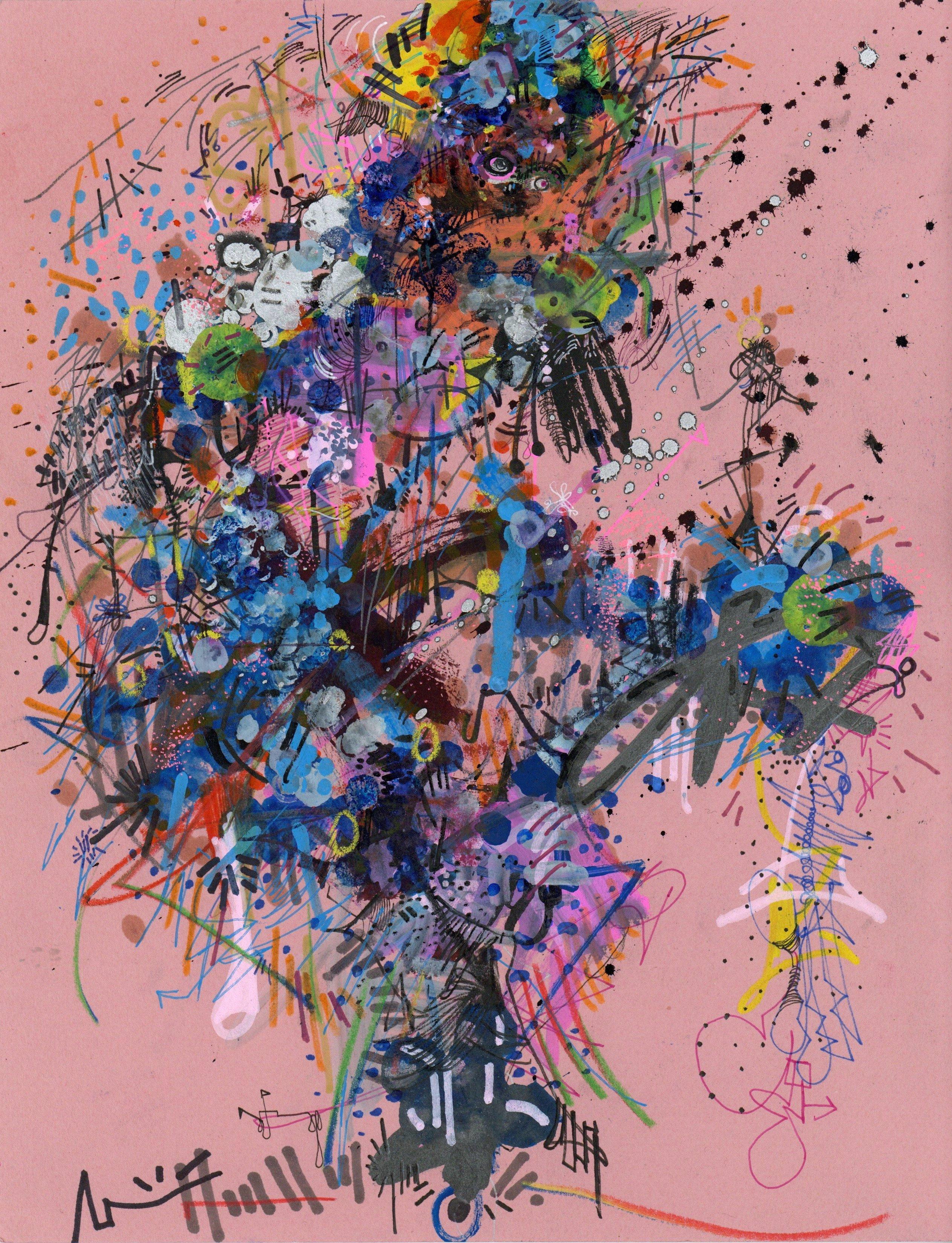 Marqueur, gouache, encre, peinture métallique, crayon de couleur et collage sur papier coloré d'archivage

Michael Alan est un artiste américain né en 1977 qui vit et travaille à New York, aux États-Unis. En tant qu'artiste pluridisciplinaire. Son