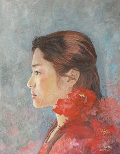 Japanische zeitgenössische japanische Kunst von Miyuki Takanashi - Mädchen und rote Blume
