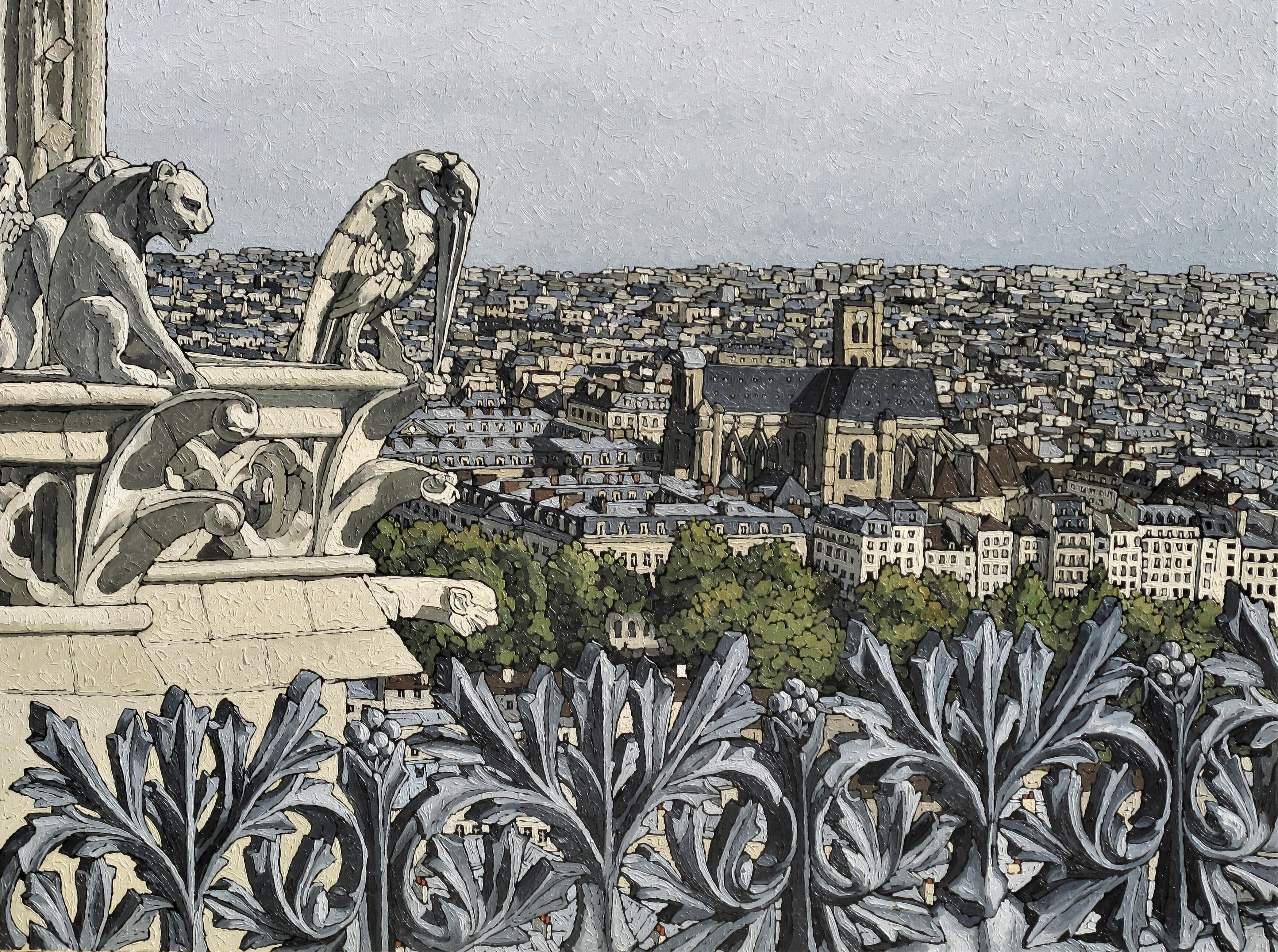 Olivier Lavorel Landscape Painting - French Contemporary Art - 1905, Eglise St Gervais depuis Notre-Dame de Paris