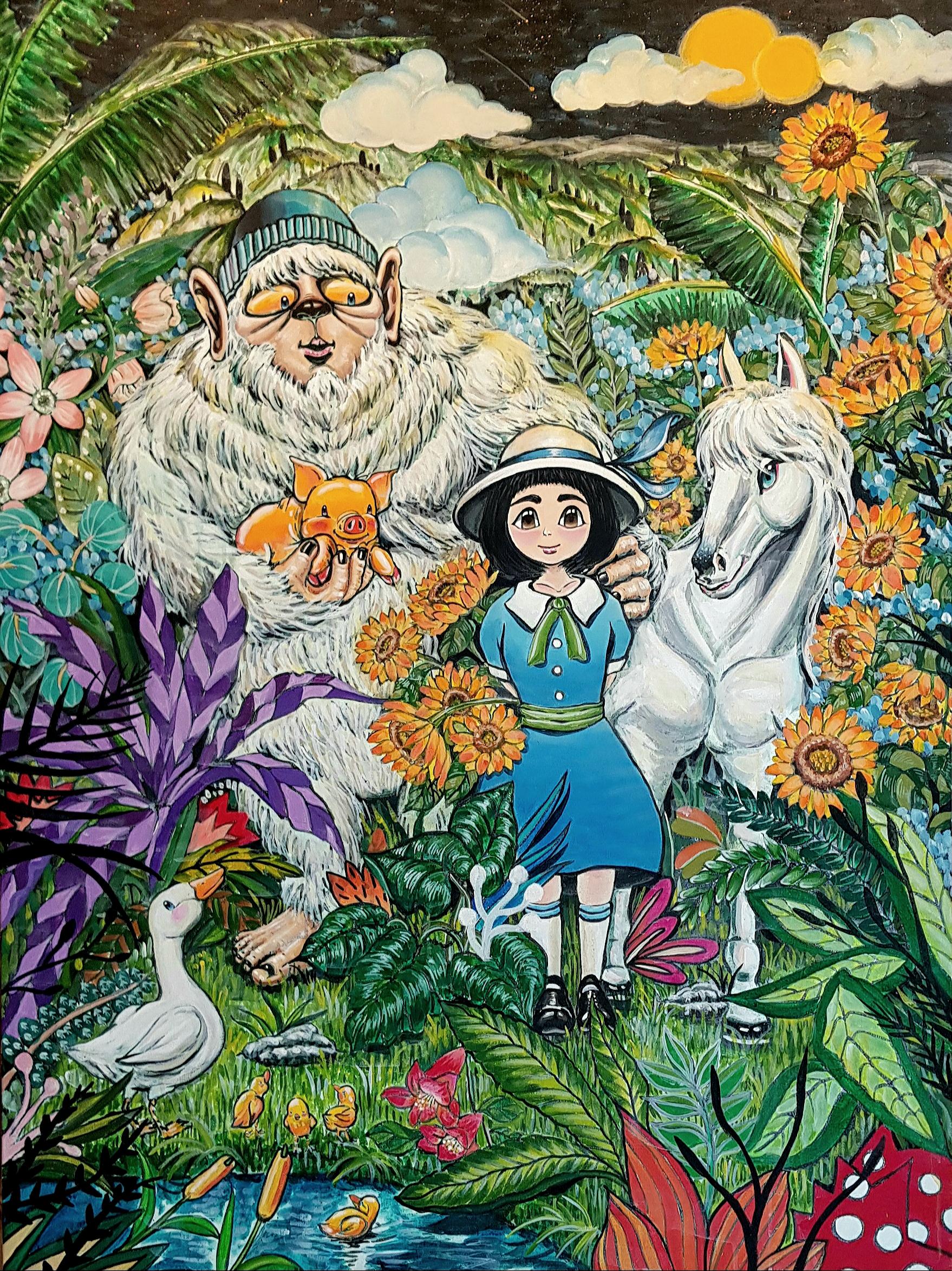Shin Seung-Hun Figurative Painting - Korean Art - Fantasy Jejuisland-Island Girl Story Chun-Ja’s Journey Of Happiness