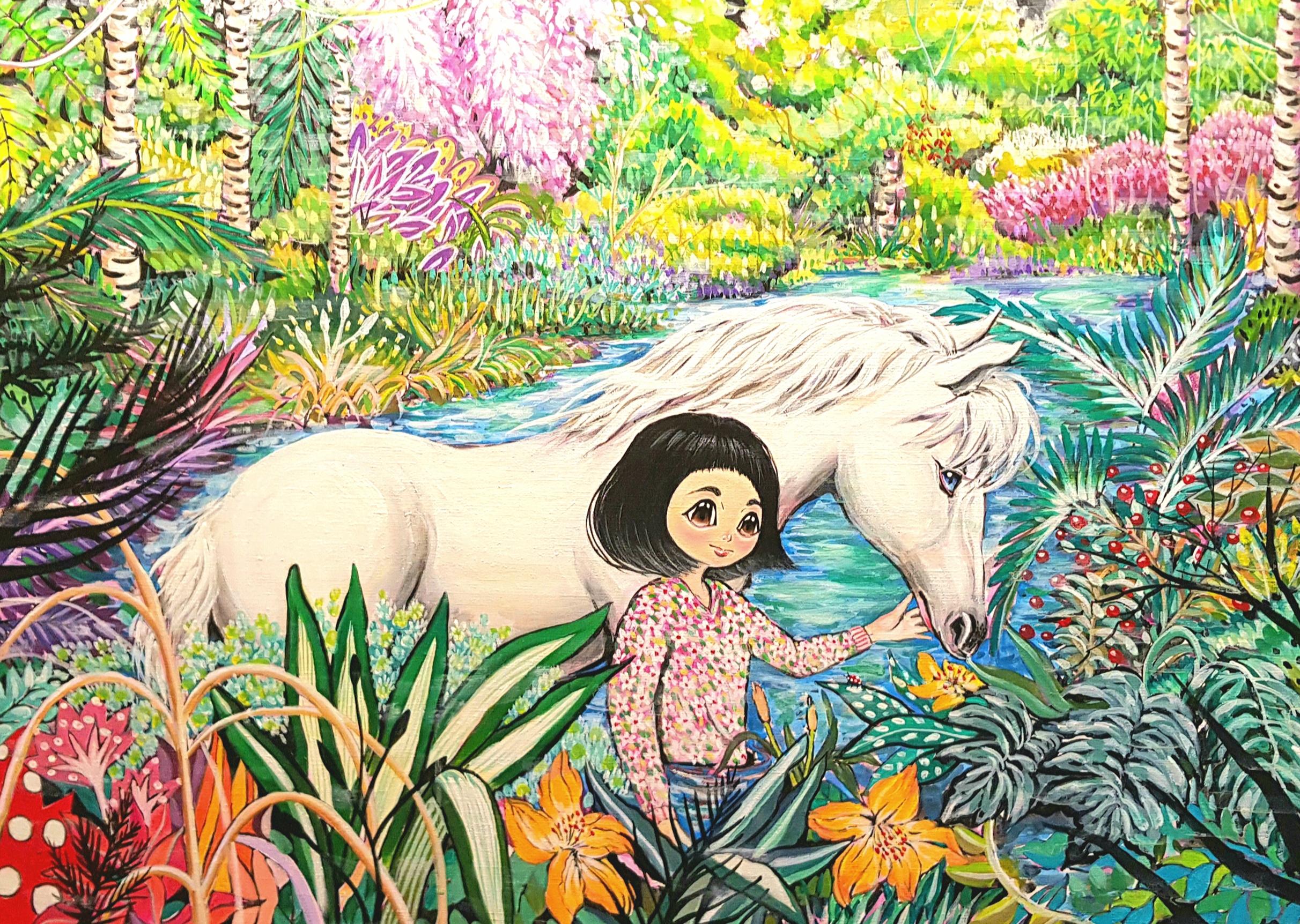 Shin Seung-Hun Figurative Painting - Korean Art - Fantasy Jejuisland-Island Girl Story Chun-Ja’s Journey Of Happiness