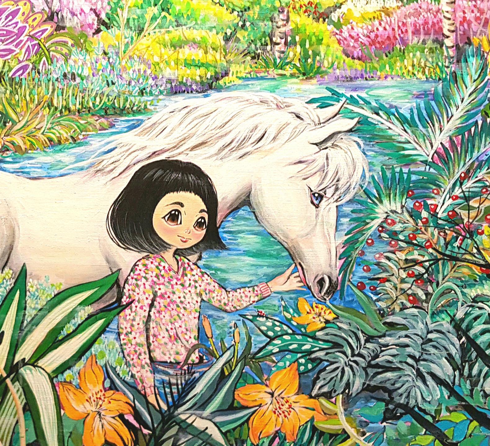 Koreanische Kunst - Fantasie Jejuisland-Island Mädchen Geschichte Chun-Jas Reise der Glücksbringer – Painting von Shin Seung-Hun