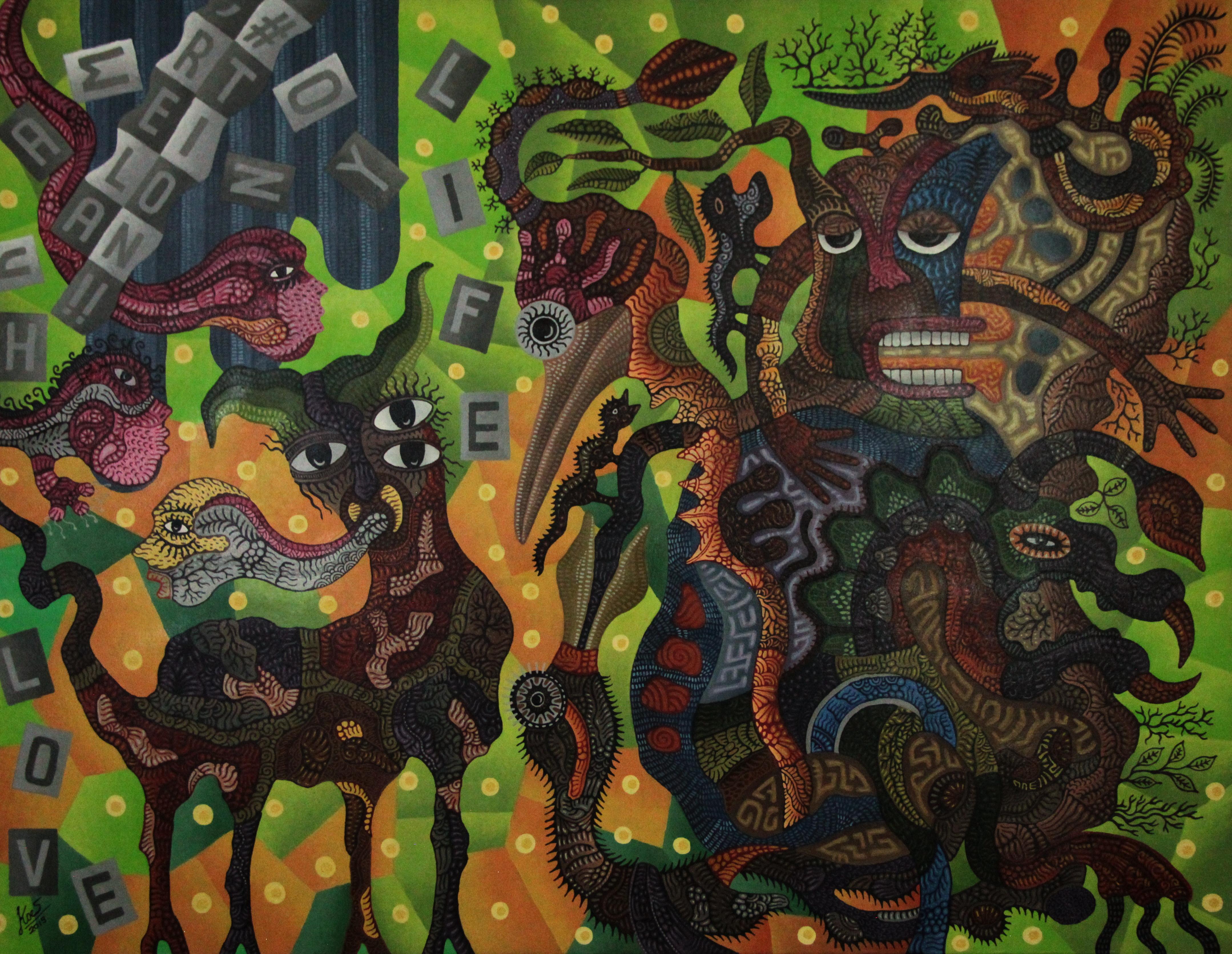 Kusbudiyanto es un artista indonesio nacido en 1969 que vive y trabaja en Yogyakarta, Indonesia.

Este cuadro habla de una relación humana con el entorno natural, una relación basada en una combinación de cualquier forma (humanos, naturaleza,