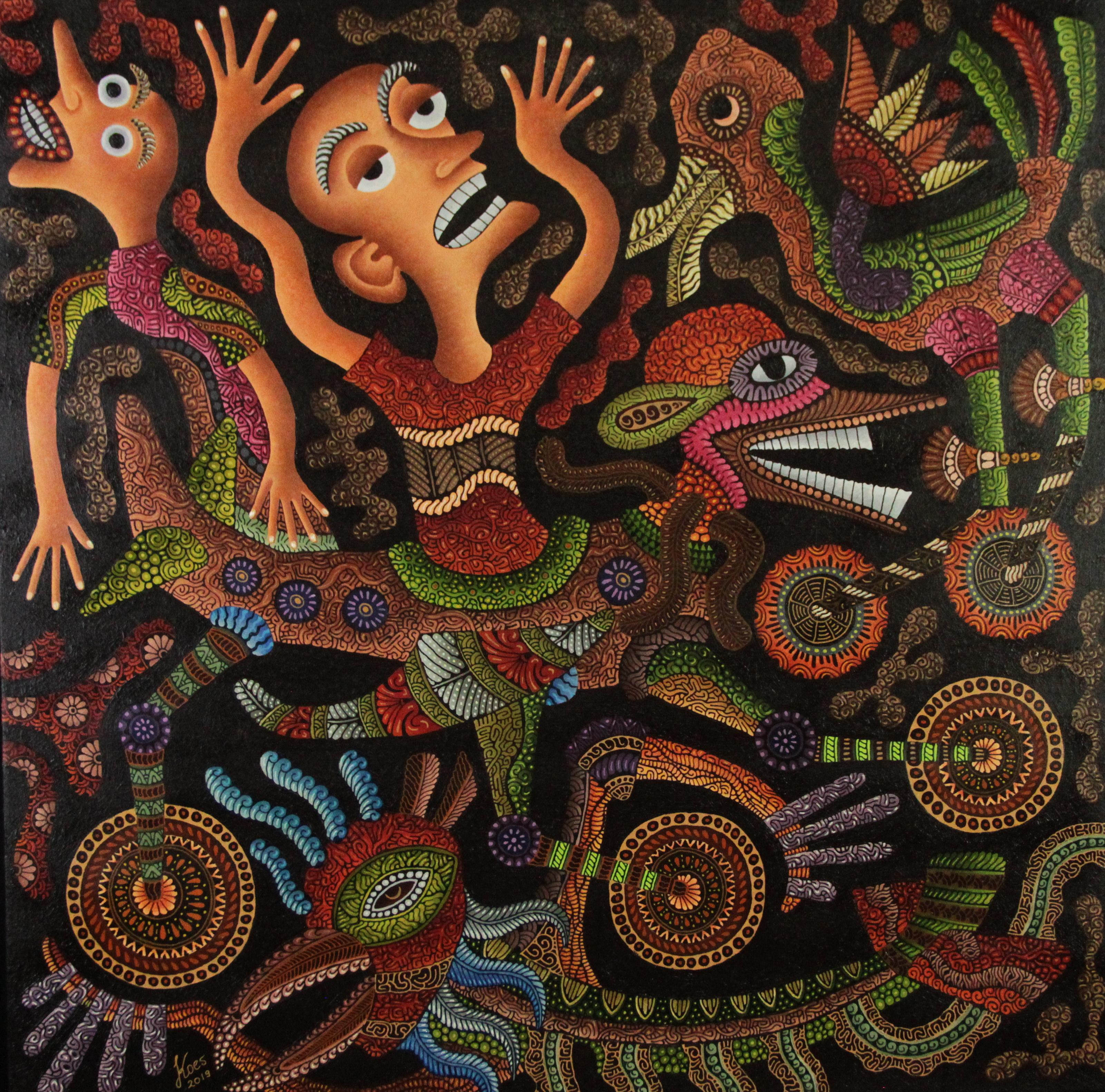 Kusbudiyanto est un artiste indonésien né en 1969 qui vit et travaille à Jogjakarta, en Indonésie.

Cette peinture raconte le rêve d'un enfant de voler et d'atteindre son rêve. Volez comme un oiseau et montez dans un avion tous les jours. Parce
