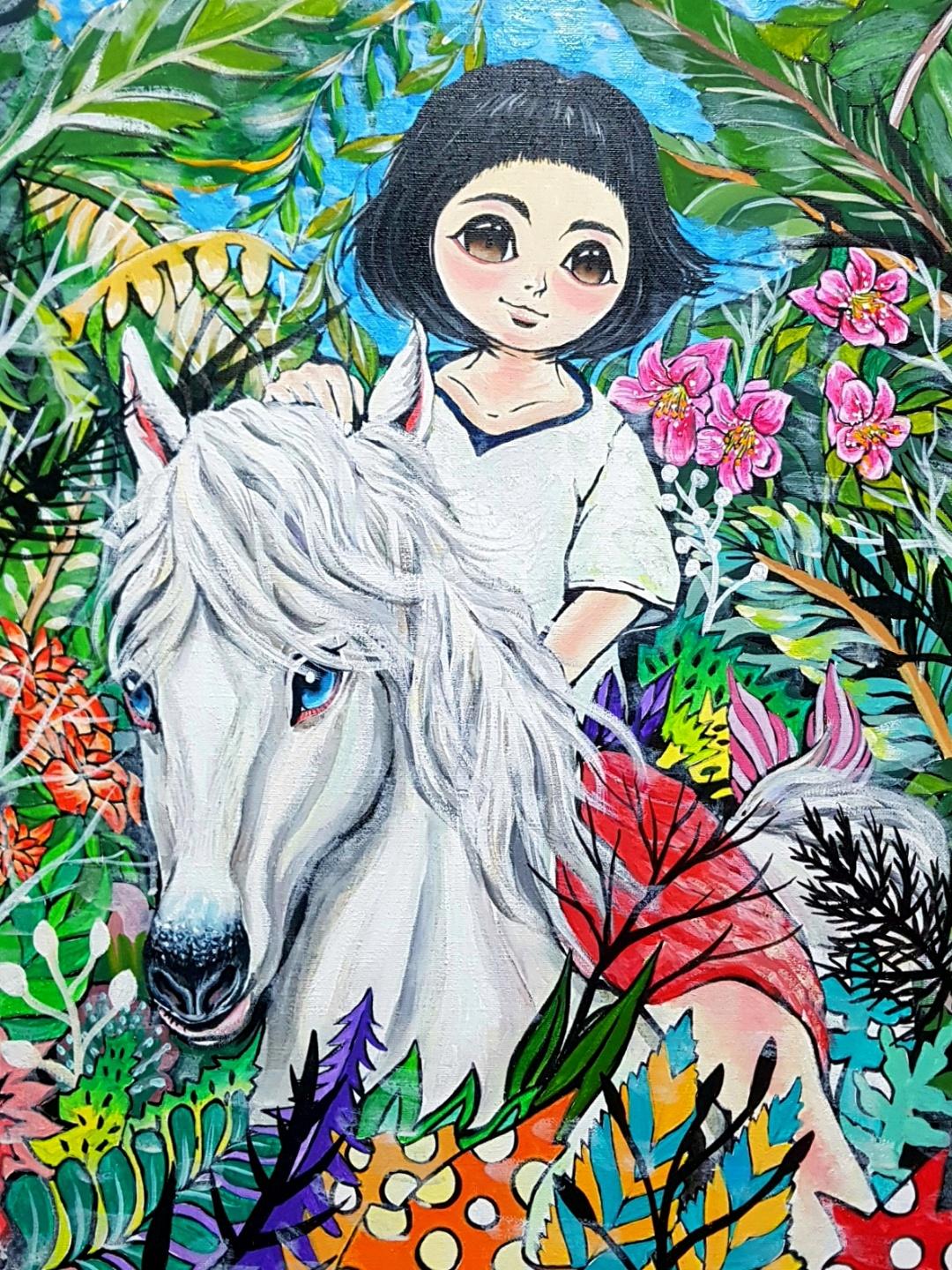 Shin Seung-Hun Figurative Painting - Korean Art - Fantasy Jejuisland-Island Girl Story Chun-Ja’s Journey of Happiness